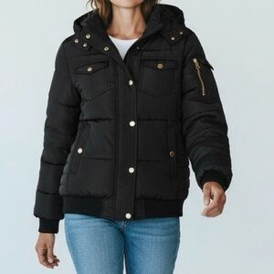 BEBE hooded puffer bomber jacket black zip front with gold tone hardware Large